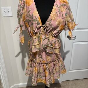 Pink Floral Tie-Front Ruffle Mini Dress